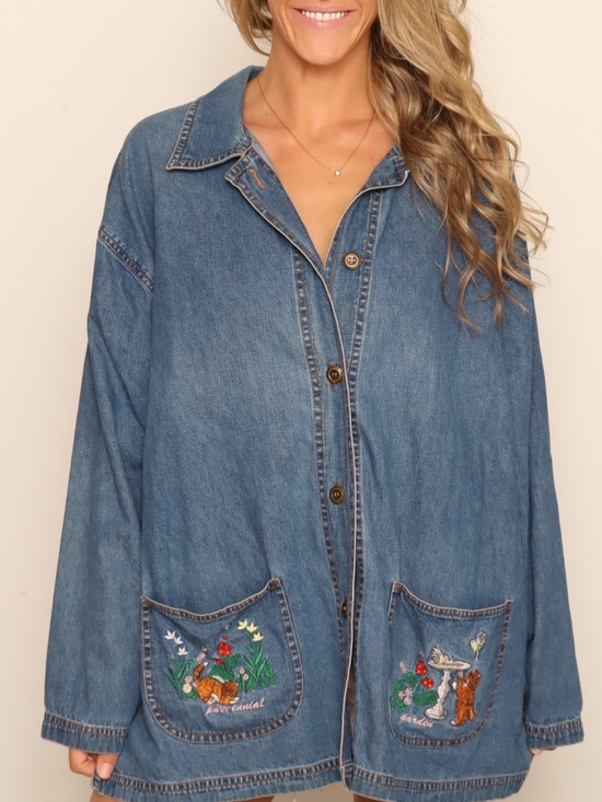 Jackets & Blazers - Vintage Denim Jacket Pockets with Embroidered Cat & Bird Garden Motif - Blue